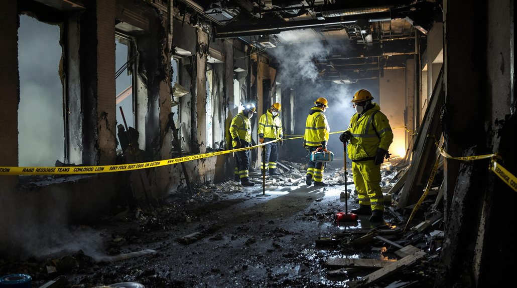 Team in high-visibility gear assessing a smoke-damaged corridor with debris and caution tape after a fire in Surrey.