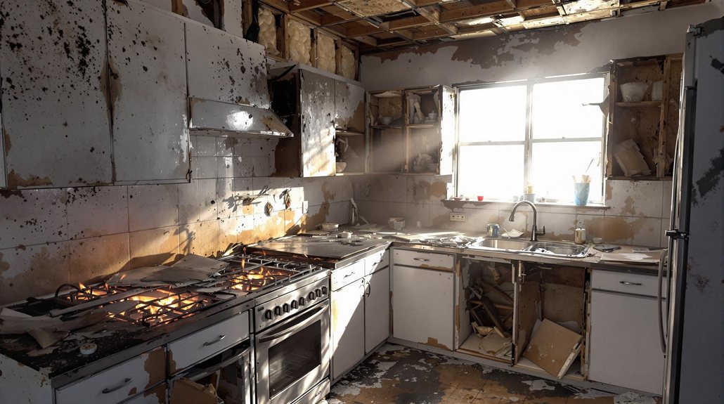Fire-damaged kitchen with soot-stained walls, burnt cabinets, exposed insulation and flames on a gas hob after a house fire in Surrey.