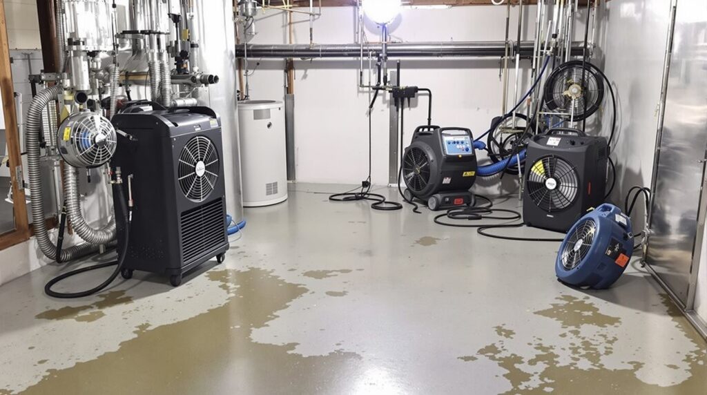 flood damage restoration fans and equipment in basement