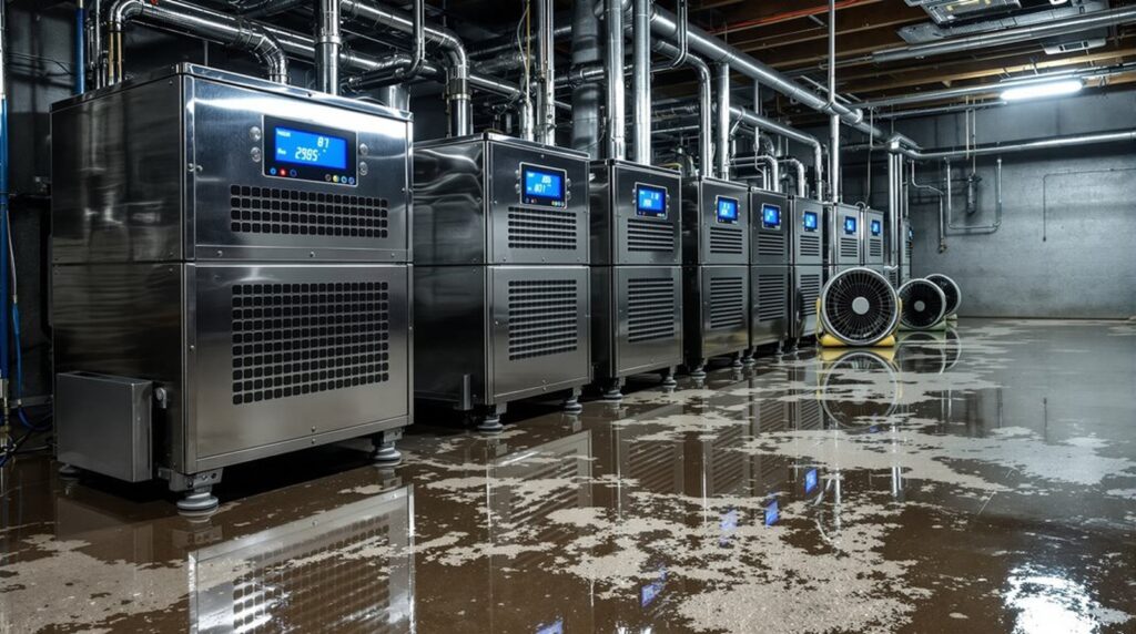 industrial dehumidifiers in use for water damage restoration