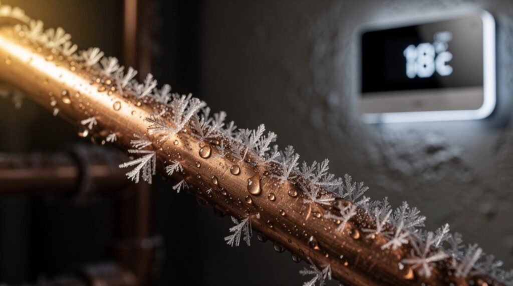 frost covered pipe with water leak and temperature display