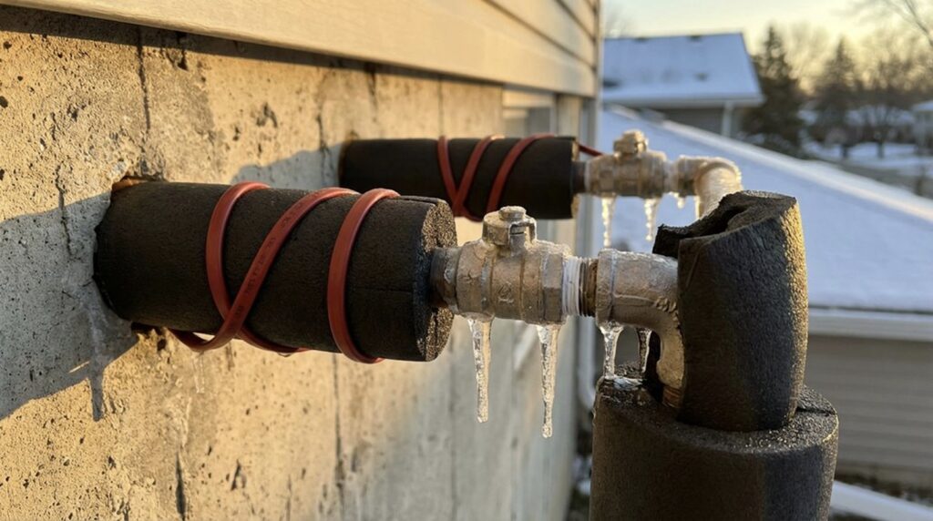 frozen pipes with icicles due to pipe burst damage