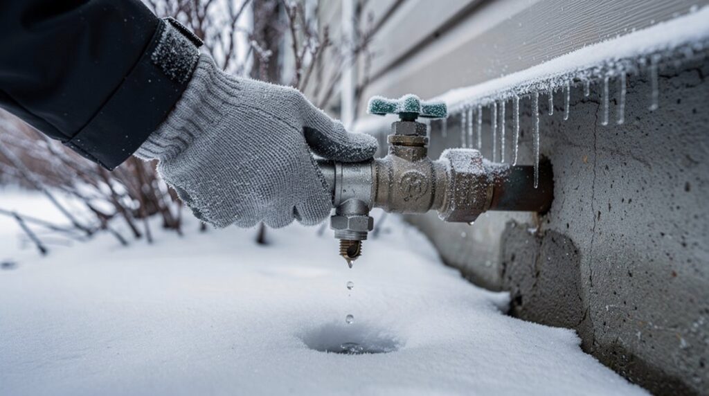 water leak from frozen pipe in snowy environment