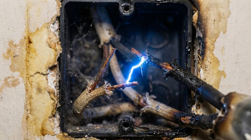 emergency-water-repair-damaged-wires-and-electrical-spark
