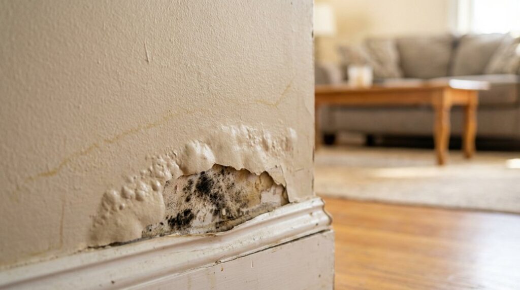 emergency water repair mold damage on wall interior room