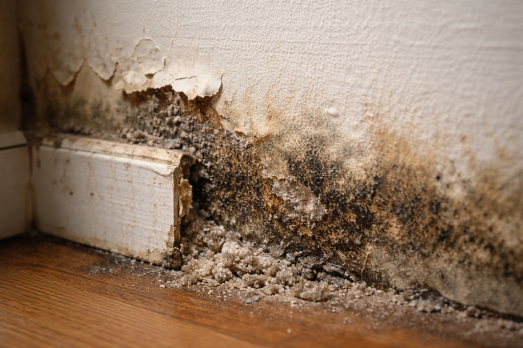 mold and mildew on wall with water damage in interior space