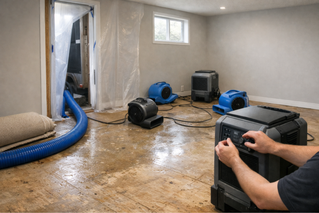 water damage drying equipment in basement room