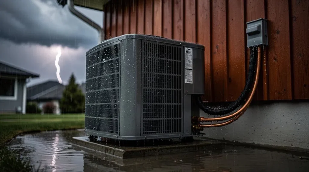Summer Storm and AC Leak Risks for Langley Homes 3 outdoor-ac-unit-during-storm-restoration-surrey