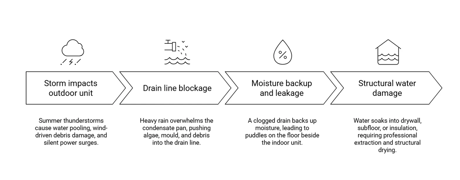 Summer Storm and AC Leak Risks for Langley Homes 2 storm-impacts-outdoor-unit-drain-line-blockage-restoration-surrey